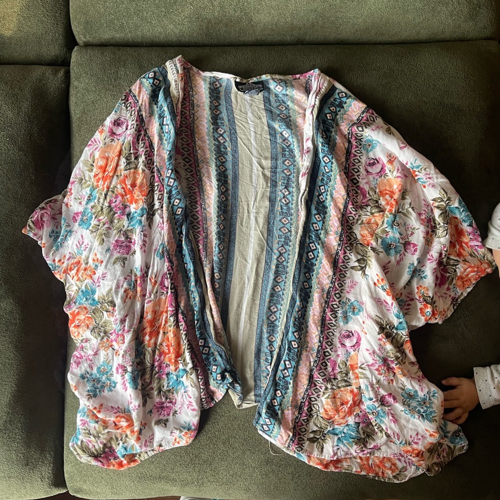 Angie Floral Kimono Large Blue Coral Pink Boho Beach Cover Up Resort Coastal EUC - Picture 5 of 7